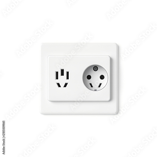 White electrical wall outlet with dual international socket ports on a plain background