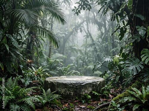 Stone platform in misty tropical jungle forest for natural product display