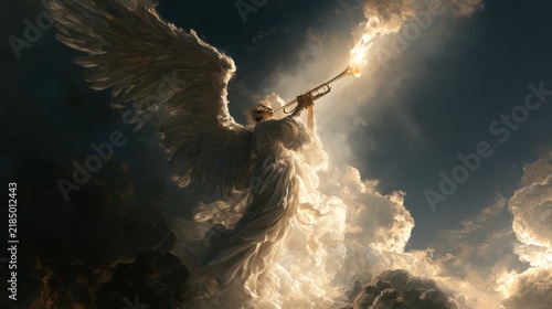 A majestic angel blowing a golden trumpet in the night sky, glorious heavenly light breaking through the clouds, epic cinematic composition