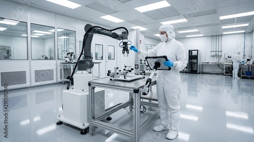 Person In Protective Suit Operating Robotic Arm