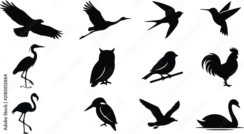 Fototapeta premium Bird Silhouette Icon Set with Eagle Owl Flamingo Swan Crane Hummingbird and Rooster Wildlife Symbols for Nature Environment Eco Educational Websites and Apps