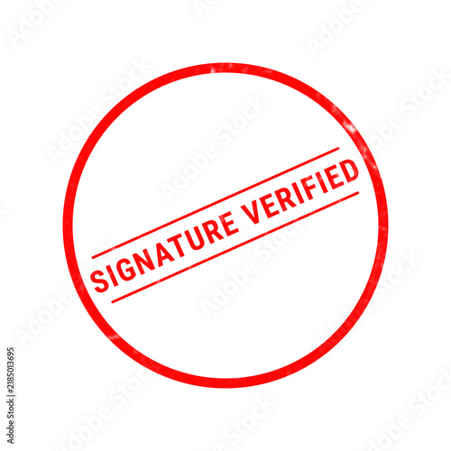 A vibrant red circular stamp displays the words signature verified with an underline on a stark white background indicating approval and authenticity