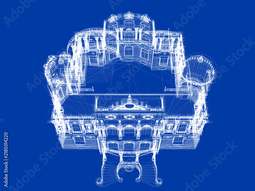 Classic Villa 3D Wireframe Blueprint – Architectural Design Visualization