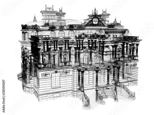 Classic Villa 3D Wireframe Blueprint – Architectural Design Visualization