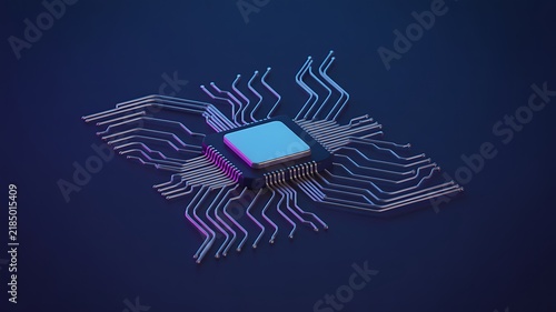Fototapeta kuchenna Central computer processor with metallic circuit paths on dark blue.