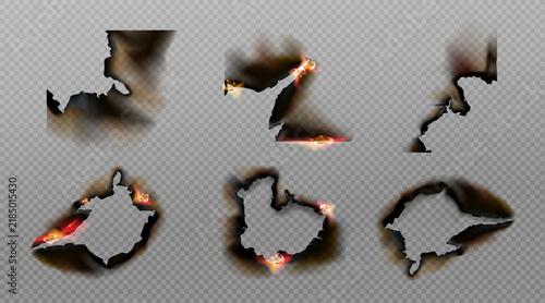 Burn paper corners, holes and borders vector set
