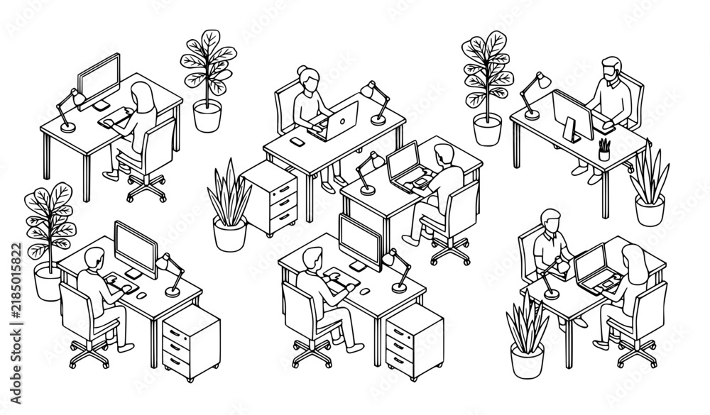 Fototapeta premium Isometric creative office thin line vector with business employees working at computer desks