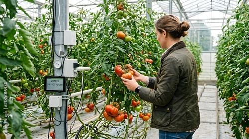 Woman Examining Tomatoes In Greenhouse