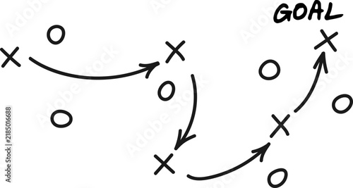 Soccer tactics sketch with arrows set, crosses and circles vector illustration. Football game strategy plan schematic drawing on white background.