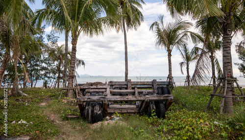 Foto Weathered wooden boat-launching trolleys under coconut palms, My Khe Beach, Da N
