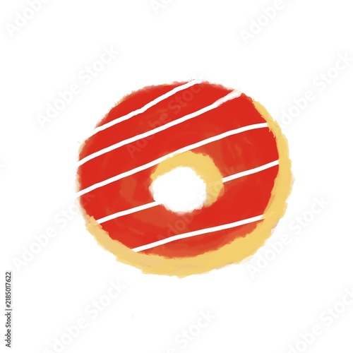 Donut with golden dough vibrant red frosting and with  white cream 