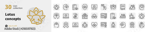 Set of thirty lotus flower wellness and yoga meditation icons with meditation wellness mindfulness buddhism
