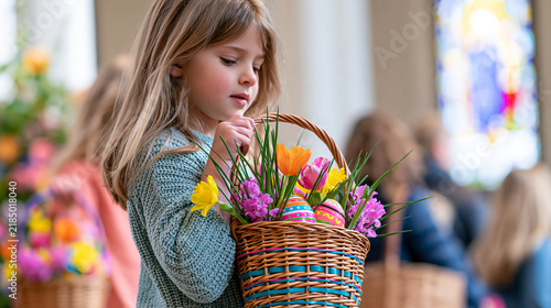 Children carrying colorful Easter baskets inside a church decorated with flowers and stained glass, family celebration, Christian Easter tradition, with copy space