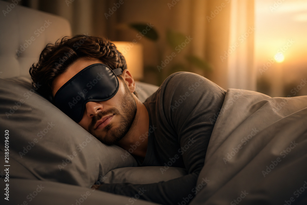 Obraz premium A young man wearing an eye mask is sleeping in a bed during sunrise.