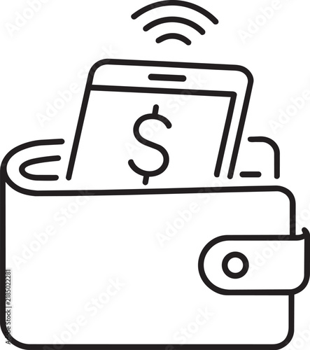 Mobile wallet with smartphone, dollar sign, and wireless signal