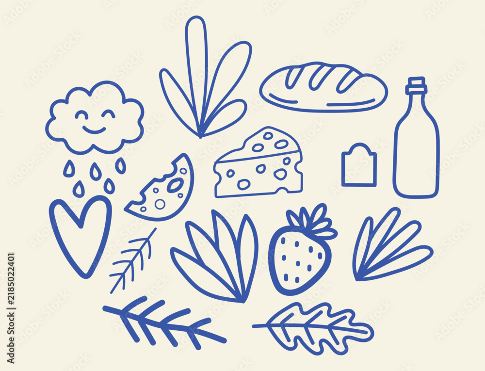 Fototapeta premium Doodle set of food and nature elements