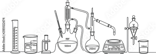 Continuous single line art of chemistry organic synthesis distillation apparatus with flasks balance and separatory funnel