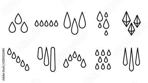 Set of various water drop and rain icons, outline style