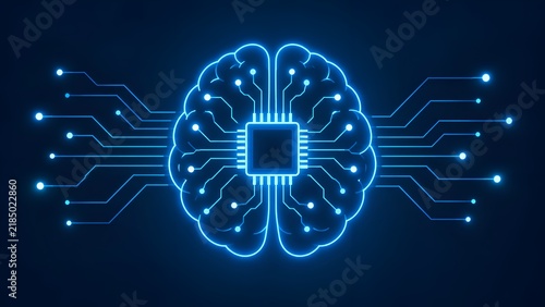 Futuristic AI concept featuring a glowing blue human brain integrated with a central microchip and circuit board connections on a dark background, representing digital intelligence.