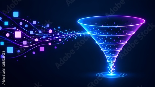 Neon digital funnel illustrating big data processing, sales conversion marketing strategy, and artificial intelligence information filtering on dark abstract background.