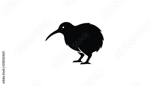 Black silhouette of a kiwi bird walking and isolated on a solid white background representing New Zealand wildlife.