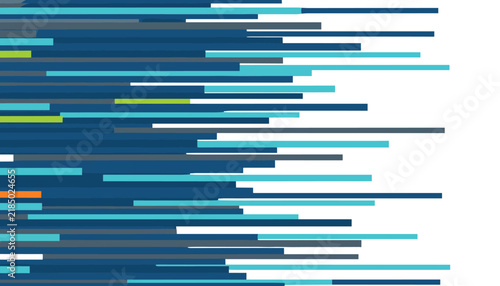 Abstract digital art background composed of multiple horizontal lines in blue teal green and orange colors on white background.