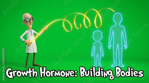Scientist character injecting growth hormone into human body silhouette on green screen