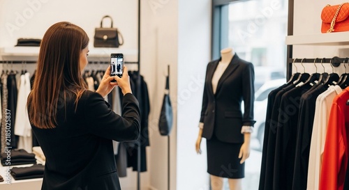 Fashion influencer photographs suit on mannequin using smartphone in a stylish retail boutique for social media.