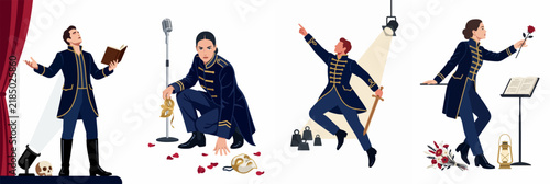Canvas Print Illustration set of theatrical actors in historical hussar costumes performing dramatic scenes on stage with props, masks, and spotlights