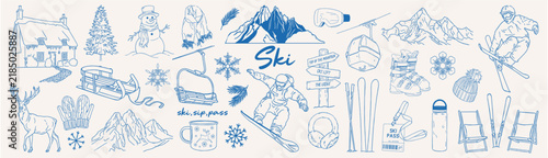 Canvastavla Whimsical Hand drawn vector illustration set of winter ski resort with snowy chalet, mountains, ski lift, snowboarder, skier, chalet, and outdoor gear in blue ink line art style