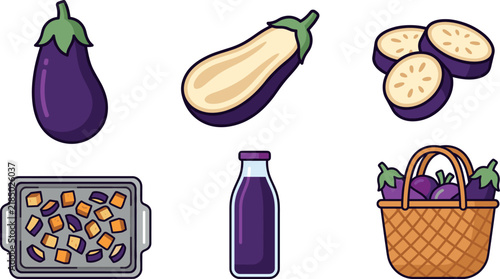 Bild auf Leinwand Eggplant Vector Icon Set Featuring Whole Aubergine Half Cut Round Slices Baking