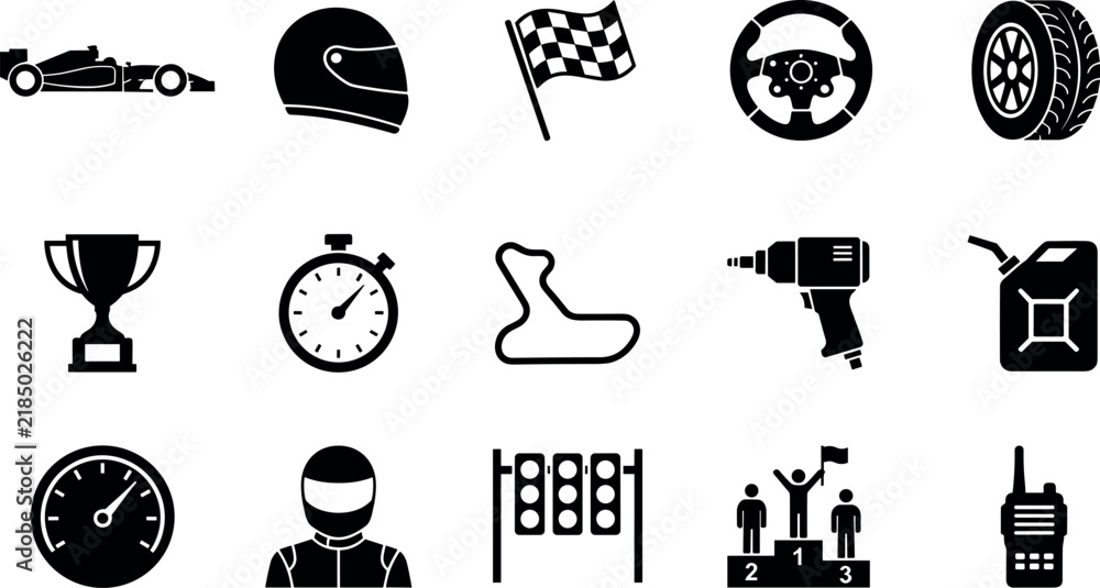 Obraz premium 15 Formula 1 Racing and Motorsport Solid Glyph Icons Set