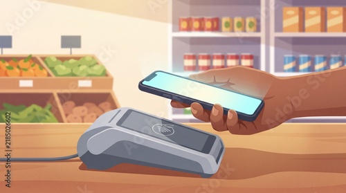 Hand holding smartphone for contactless payment at grocery store checkout counter with blurred shelves background