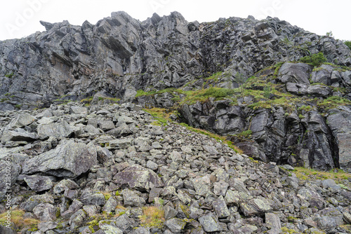 Obraz na plátne Rugged rocky mountain slope with scree field in a Norwegian fjord landscape