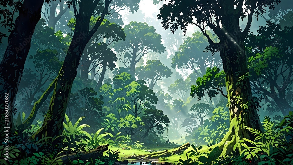 Fototapeta premium Lush tropical rainforest landscape with giant green trees and sunlight filtering through