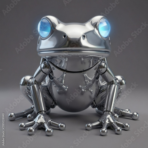 Metallic Mechanical Robotic Frog With Glowing Blue Eyes Centered Against A Neutral Studio Background