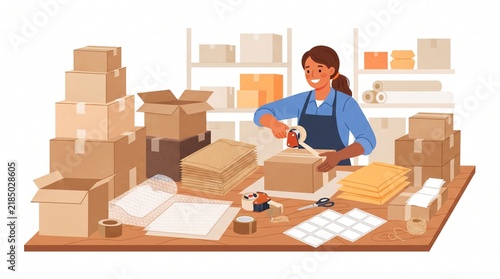 Woman packing boxes for shipping during Cyber Monday and Digital Deals Week with online shopping and e-commerce concept