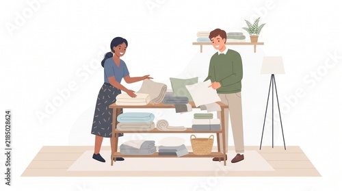 Couple organizing home textiles and bedding on shelves for a cozy living space