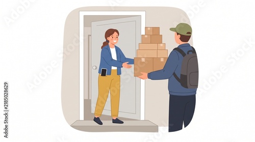 Delivery person hands over stack of boxes to happy woman at her doorstep during Cyber Monday digital deals week