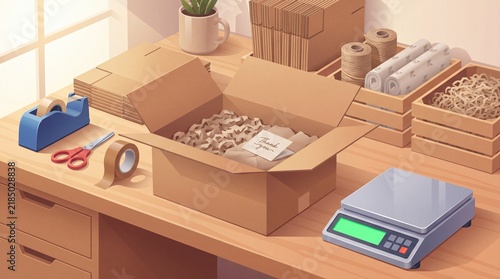 Open cardboard box with packing materials and shipping scale on a wooden desk during daylight