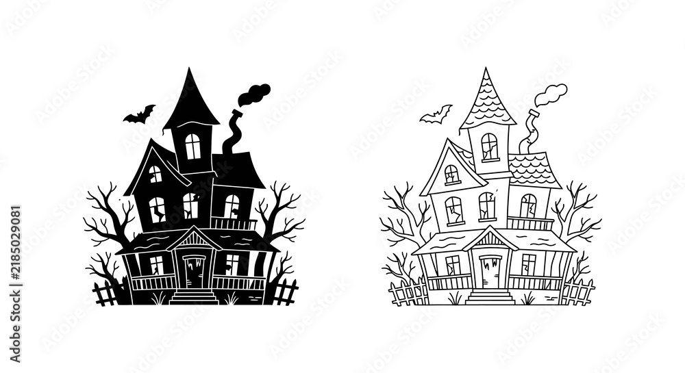 Fototapeta premium Detailed haunted house illustrations showcase spooky architecture and eerie silhouettes