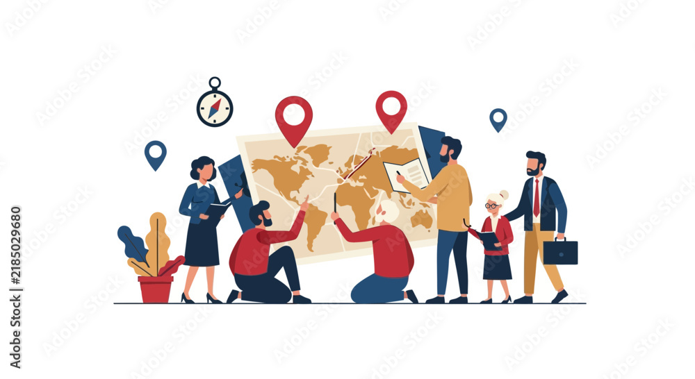Fototapeta premium Global Business Strategy and Travel Planning Illustration with Diverse People Around a World Map and Location Pins