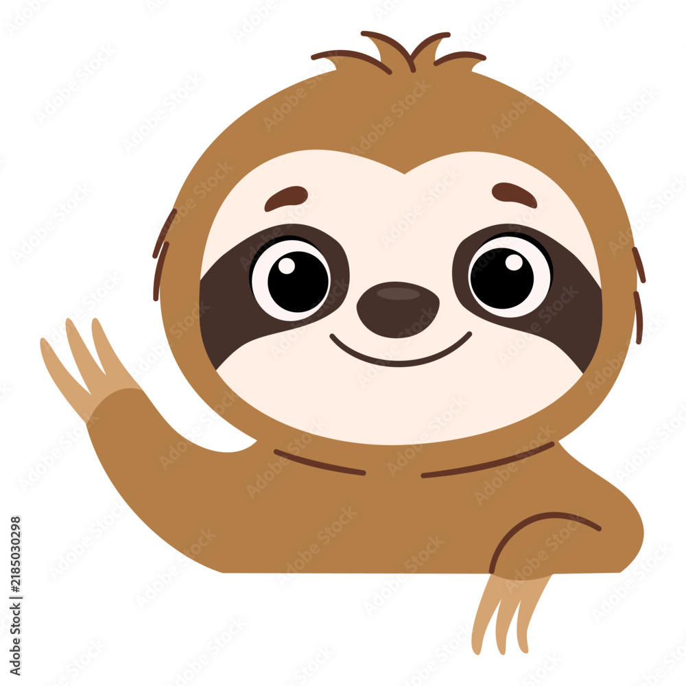 Fototapeta premium Cute sloth vector illustration with big expressive eyes, a sweet smile and raised paws. Adorable tropical animal character in a simple cartoon style for childrens designs, stickers and clipart. Vector