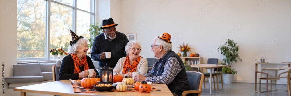 Obraz premium Senior friends celebrating Halloween party together, active aging concept for lifestyle advertising