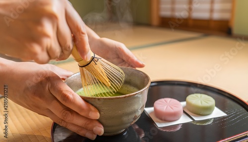 和室の畳で茶筅を使い抹茶を点てる手元と和菓子
