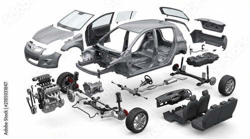 Exploded View of Compact Gasoline City Car Revealing Mechanical Architecture