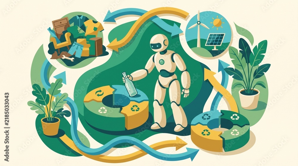 Fototapeta premium Sustainable circular economy concept with robot sorting recyclable materials for environmental protection and green energy generation.