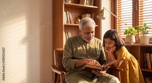 Hindi Diwas: Indian Grandfather Reading Classic Literature to Fascinated Granddaughter in Sunlit Library