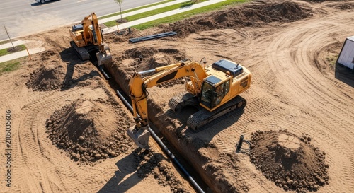 Yellow excavator digging a deep trench for utility pipes at a construction site