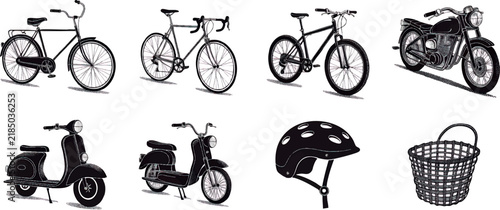 Vintage two-wheel transportation vector set containing eight separate isolated objects: classic bicycle, road bicycle, mountain bike, vintage motorcycle, retro scooter, classic moped, bicycle helmet